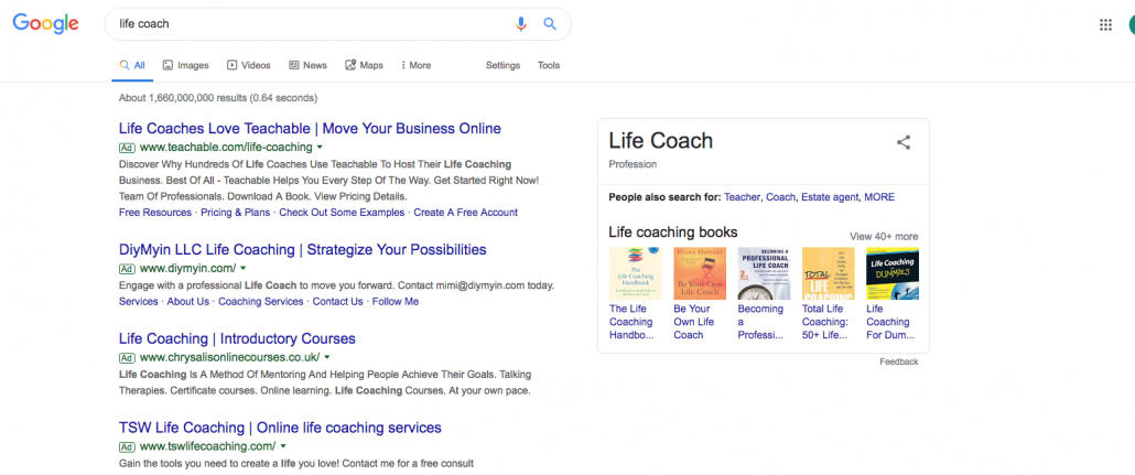 Image of a Google Search query for a life coach in post using 5 ways to improve website visibility